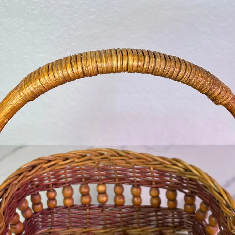 VTG Woven Wicker Gathering Basket Wood Bead Accent Braided Trim Boho Farmhouse